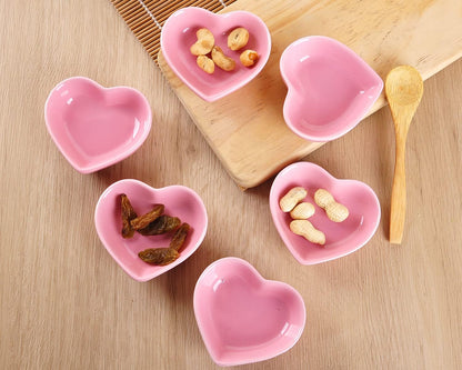 Pink Love Heart Shaped Ceramic Bowl Set of 6, Contemporary Porcelain Side Dishes, Seasoning & Soy Dipping Sauce Bowls for Wedding & Birthday Party