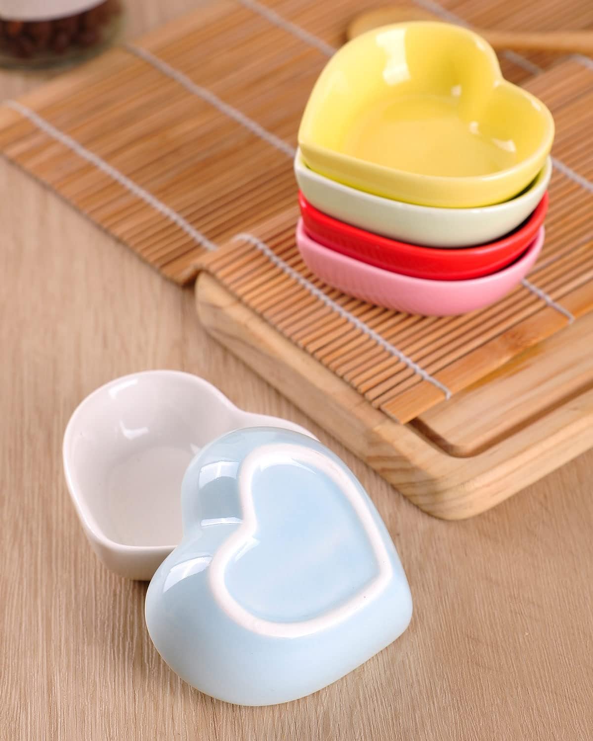 Pink Love Heart Shaped Ceramic Bowl Set of 6, Contemporary Porcelain Side Dishes, Seasoning & Soy Dipping Sauce Bowls for Wedding & Birthday Party