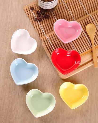 Pink Love Heart Shaped Ceramic Bowl Set of 6, Contemporary Porcelain Side Dishes, Seasoning & Soy Dipping Sauce Bowls for Wedding & Birthday Party