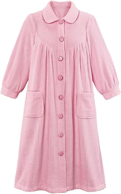 Plush Fleece Button Front Robe with Pockets, Collar
