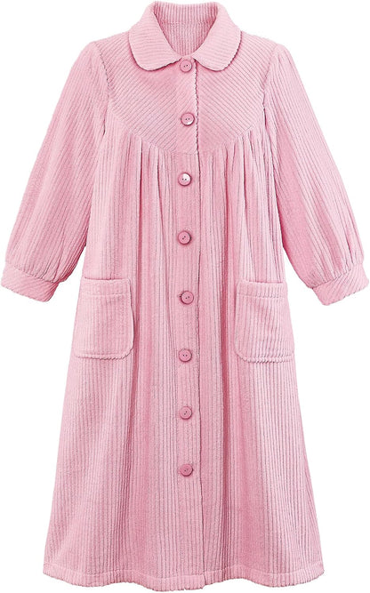 Plush Fleece Button Front Robe with Pockets, Collar