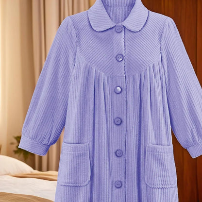 Plush Fleece Button Front Robe with Pockets, Collar