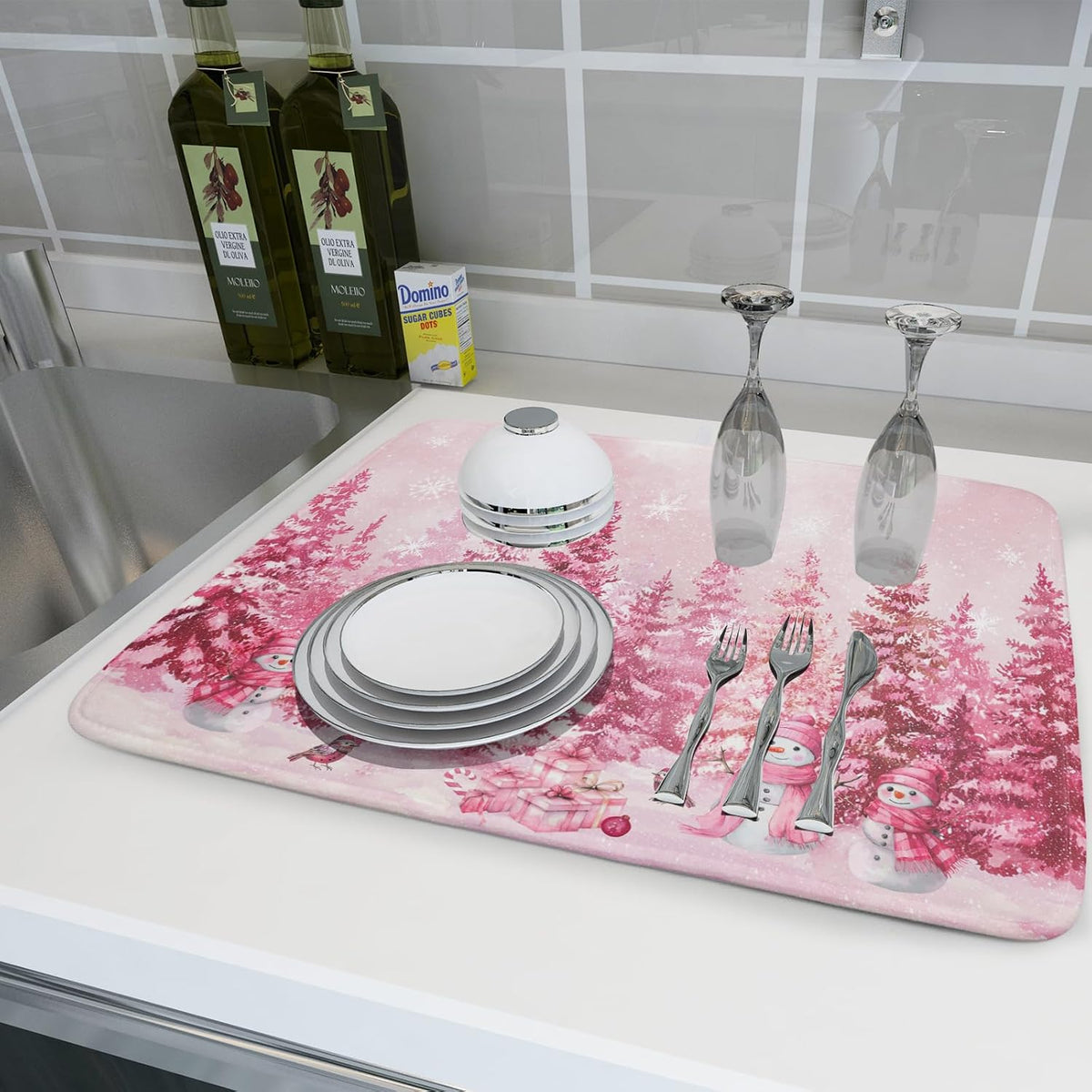 Pink Forest Dish Drying Mat Washable Drying Matt Kitchen Counter