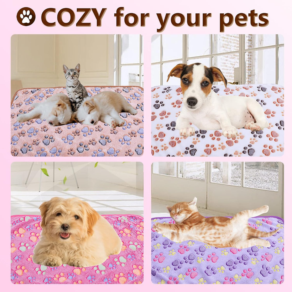 Blanket-Premium-Flannel-Small-Printed Throw for Cats Dog Puppy Animals Super Soft Fluffy Fleece Pet Blankets Warm Sleep Mat Cute Paw Pink