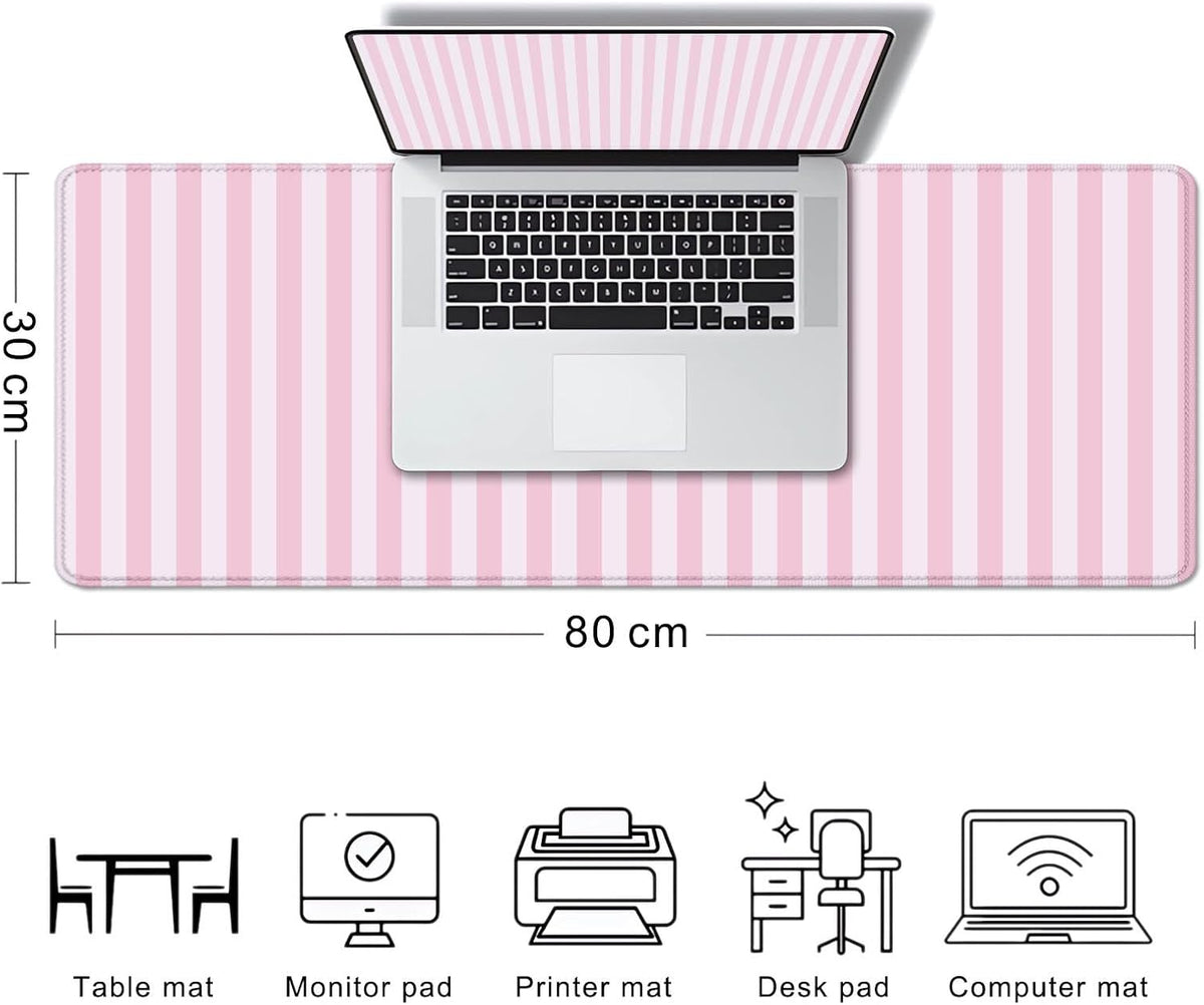 Light Pink Stripe Large Mouse Pad, Cute Pastel Desk Mat, Kawaii Aesthetic Computer Desk Pad, Desktop Mat, Extended Mat for Home Office Desk Decor for Women Gaming Keyboard Pad, 31.5 x 11.8 inch