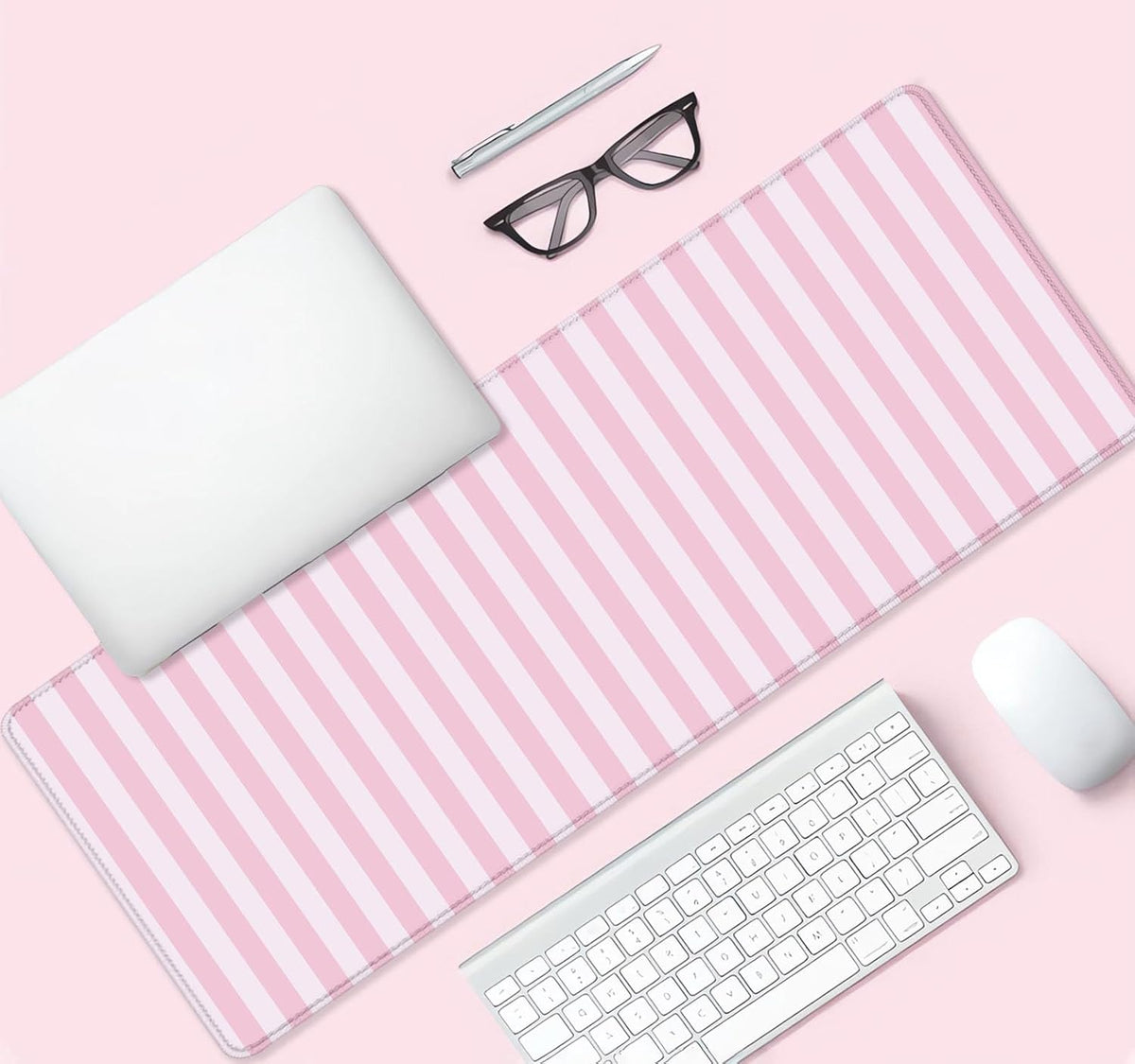 Light Pink Stripe Large Mouse Pad, Cute Pastel Desk Mat, Kawaii Aesthetic Computer Desk Pad, Desktop Mat, Extended Mat for Home Office Desk Decor for Women Gaming Keyboard Pad, 31.5 x 11.8 inch