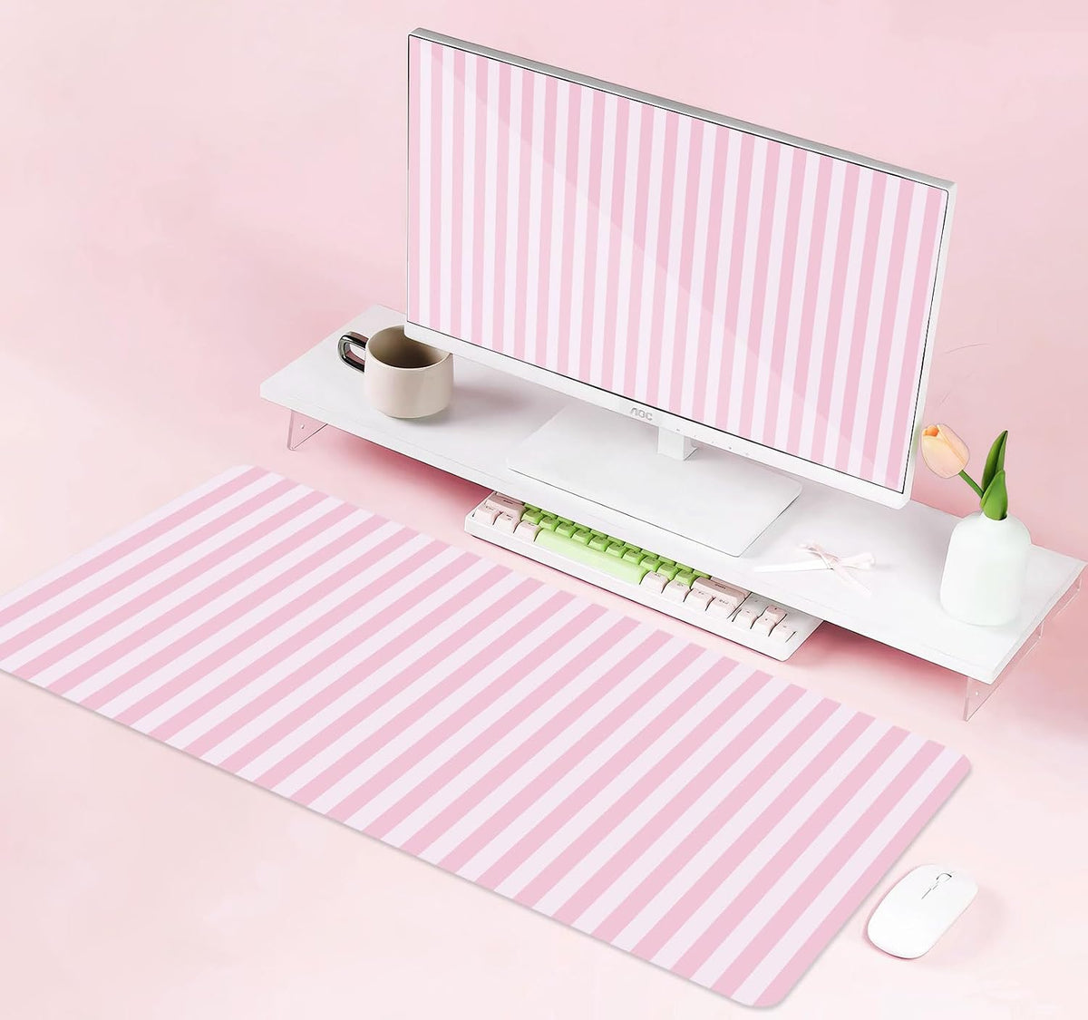 Light Pink Stripe Large Mouse Pad, Cute Pastel Desk Mat, Kawaii Aesthetic Computer Desk Pad, Desktop Mat, Extended Mat for Home Office Desk Decor for Women Gaming Keyboard Pad, 31.5 x 11.8 inch