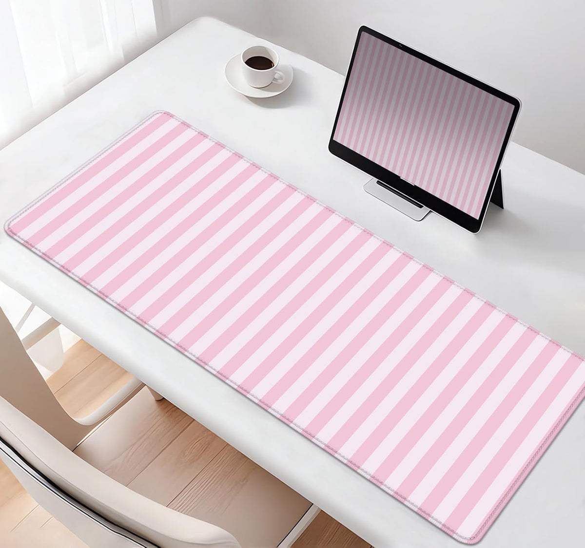 Light Pink Stripe Large Mouse Pad, Cute Pastel Desk Mat, Kawaii Aesthetic Computer Desk Pad, Desktop Mat, Extended Mat for Home Office Desk Decor for Women Gaming Keyboard Pad, 31.5 x 11.8 inch