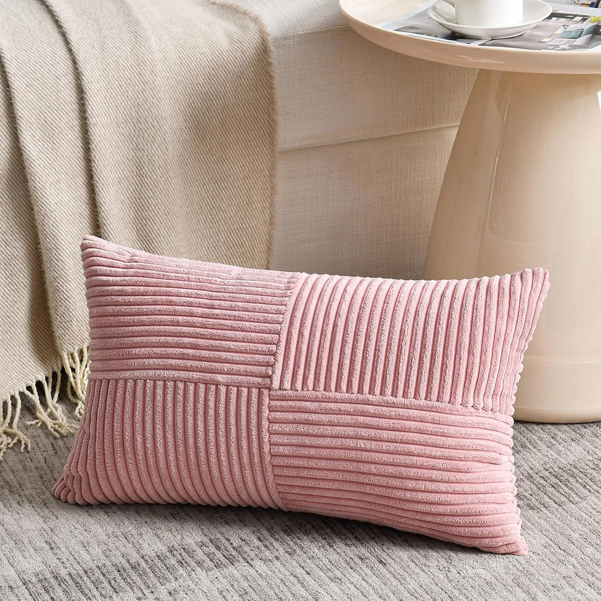 Blush Pink Lumbar Decorative Throw Pillow Covers 12x20 Inch for Living Room Couch Bed, Rustic Farmhouse Boho Home Decor, Soft Striped Corduroy Rectangle Accent Cushion Case 30x50 cm