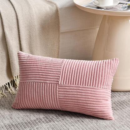 Blush Pink Lumbar Decorative Throw Pillow Covers 12x20 Inch for Living Room Couch Bed, Rustic Farmhouse Boho Home Decor, Soft Striped Corduroy Rectangle Accent Cushion Case 30x50 cm