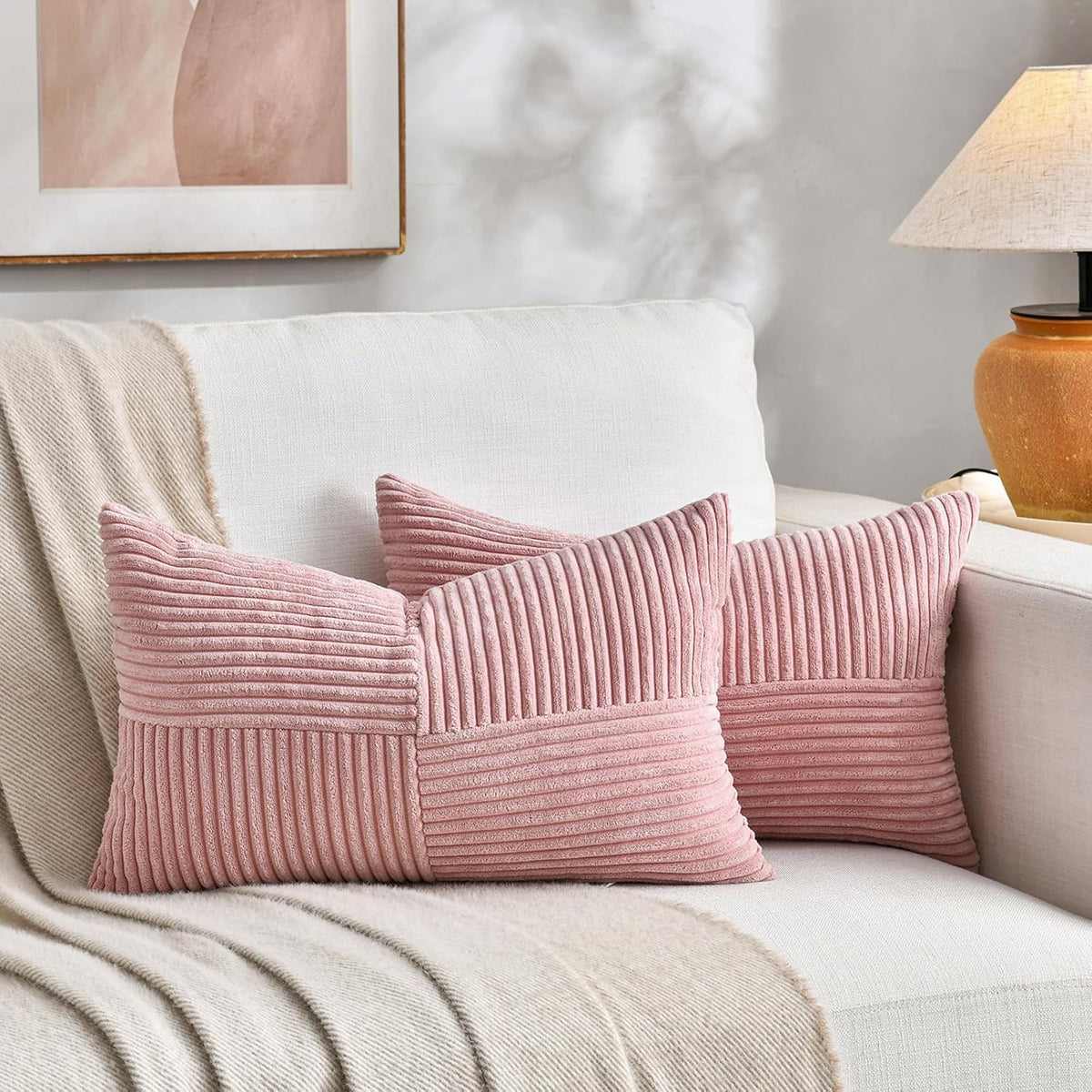 Blush Pink Lumbar Decorative Throw Pillow Covers 12x20 Inch for Living Room Couch Bed, Rustic Farmhouse Boho Home Decor, Soft Striped Corduroy Rectangle Accent Cushion Case 30x50 cm