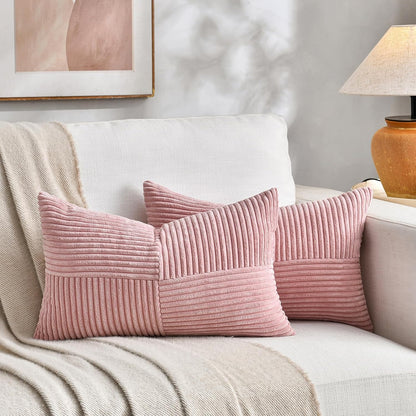 Blush Pink Lumbar Decorative Throw Pillow Covers 12x20 Inch for Living Room Couch Bed, Rustic Farmhouse Boho Home Decor, Soft Striped Corduroy Rectangle Accent Cushion Case 30x50 cm