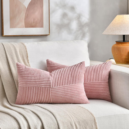 Blush Pink Lumbar Decorative Throw Pillow Covers 12x20 Inch for Living Room Couch Bed, Rustic Farmhouse Boho Home Decor, Soft Striped Corduroy Rectangle Accent Cushion Case 30x50 cm