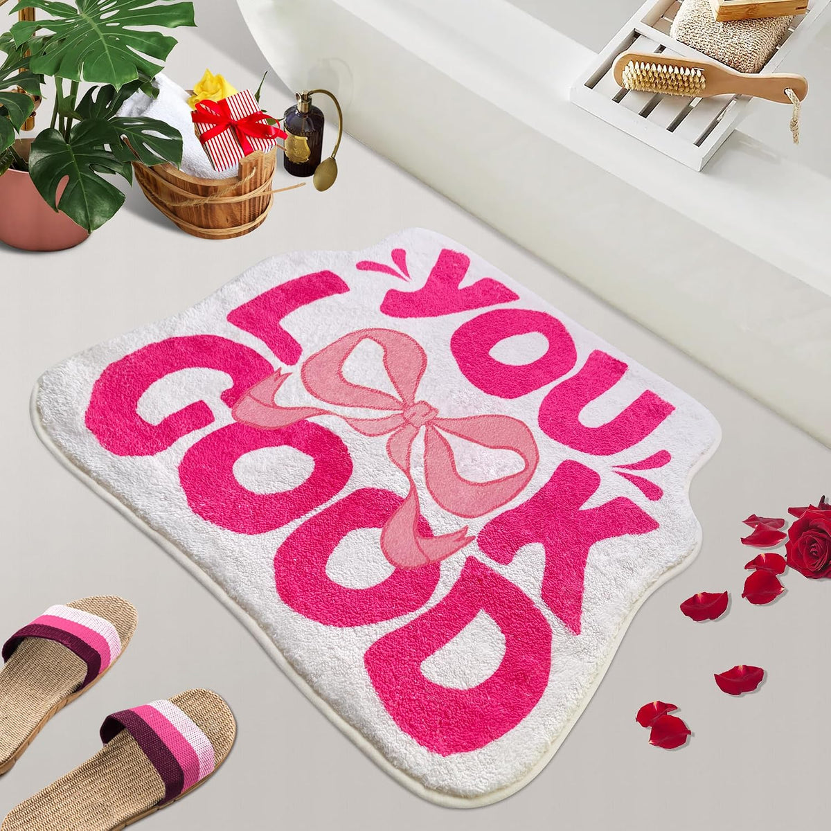 SHIYUE You Look Good Bath Mat Cute Bow Funny Bathroom Rug, Soft Absorbent Water Non Slip, Superior Washable Microfiber Cool Shower Preppy Decor Rug (21"x25"Pink)