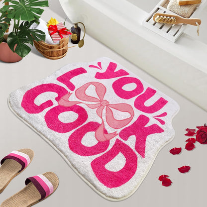 SHIYUE You Look Good Bath Mat Cute Bow Funny Bathroom Rug, Soft Absorbent Water Non Slip, Superior Washable Microfiber Cool Shower Preppy Decor Rug (21"x25"Pink)