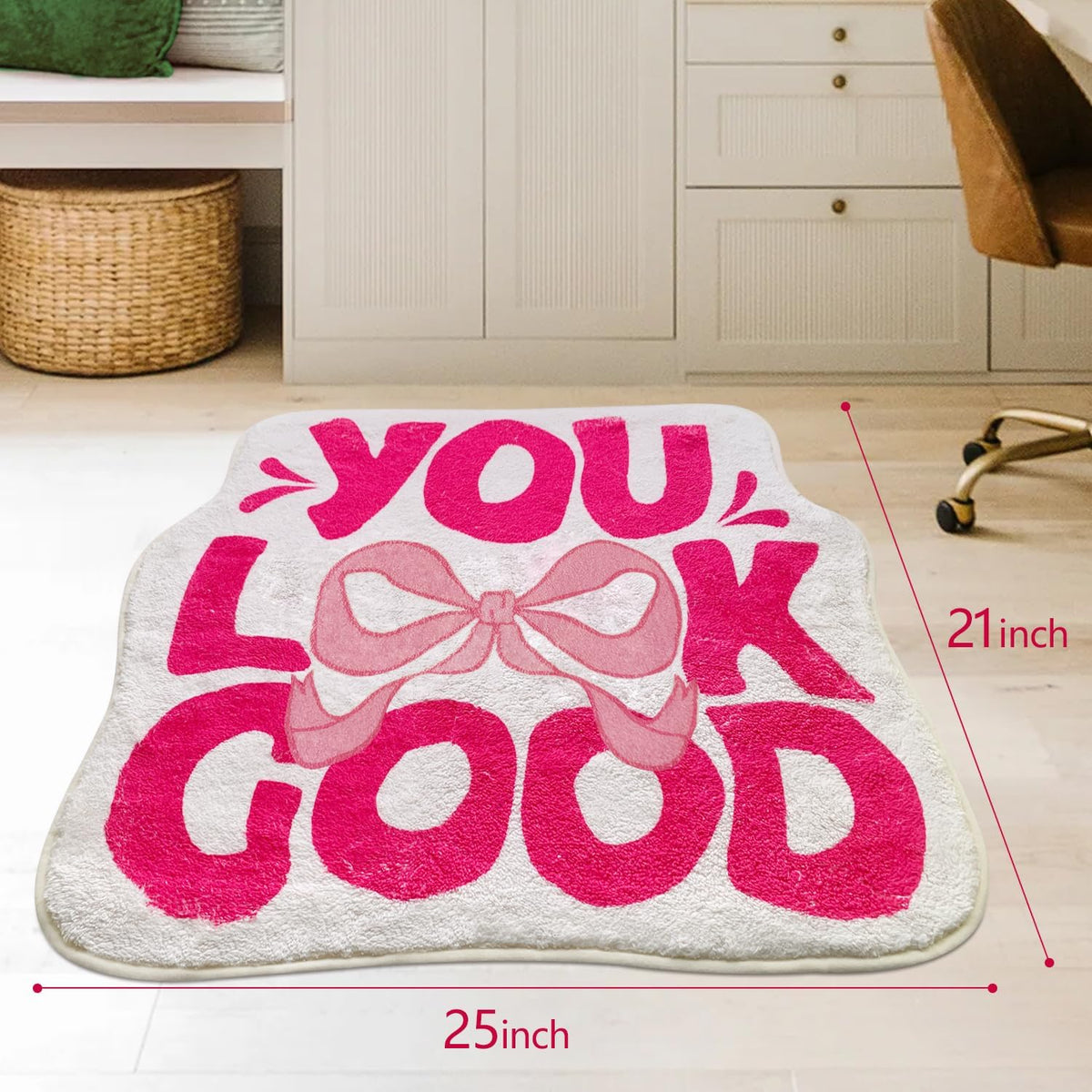 SHIYUE You Look Good Bath Mat Cute Bow Funny Bathroom Rug, Soft Absorbent Water Non Slip, Superior Washable Microfiber Cool Shower Preppy Decor Rug (21"x25"Pink)