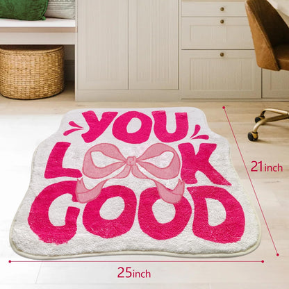SHIYUE You Look Good Bath Mat Cute Bow Funny Bathroom Rug, Soft Absorbent Water Non Slip, Superior Washable Microfiber Cool Shower Preppy Decor Rug (21"x25"Pink)