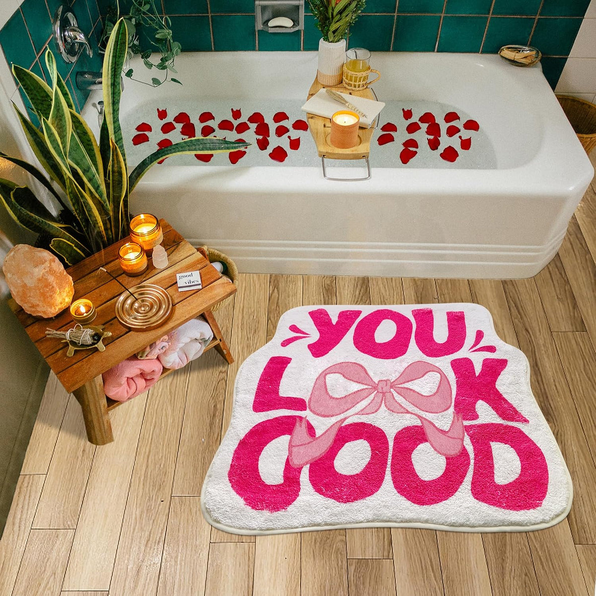 SHIYUE You Look Good Bath Mat Cute Bow Funny Bathroom Rug, Soft Absorbent Water Non Slip, Superior Washable Microfiber Cool Shower Preppy Decor Rug (21"x25"Pink)