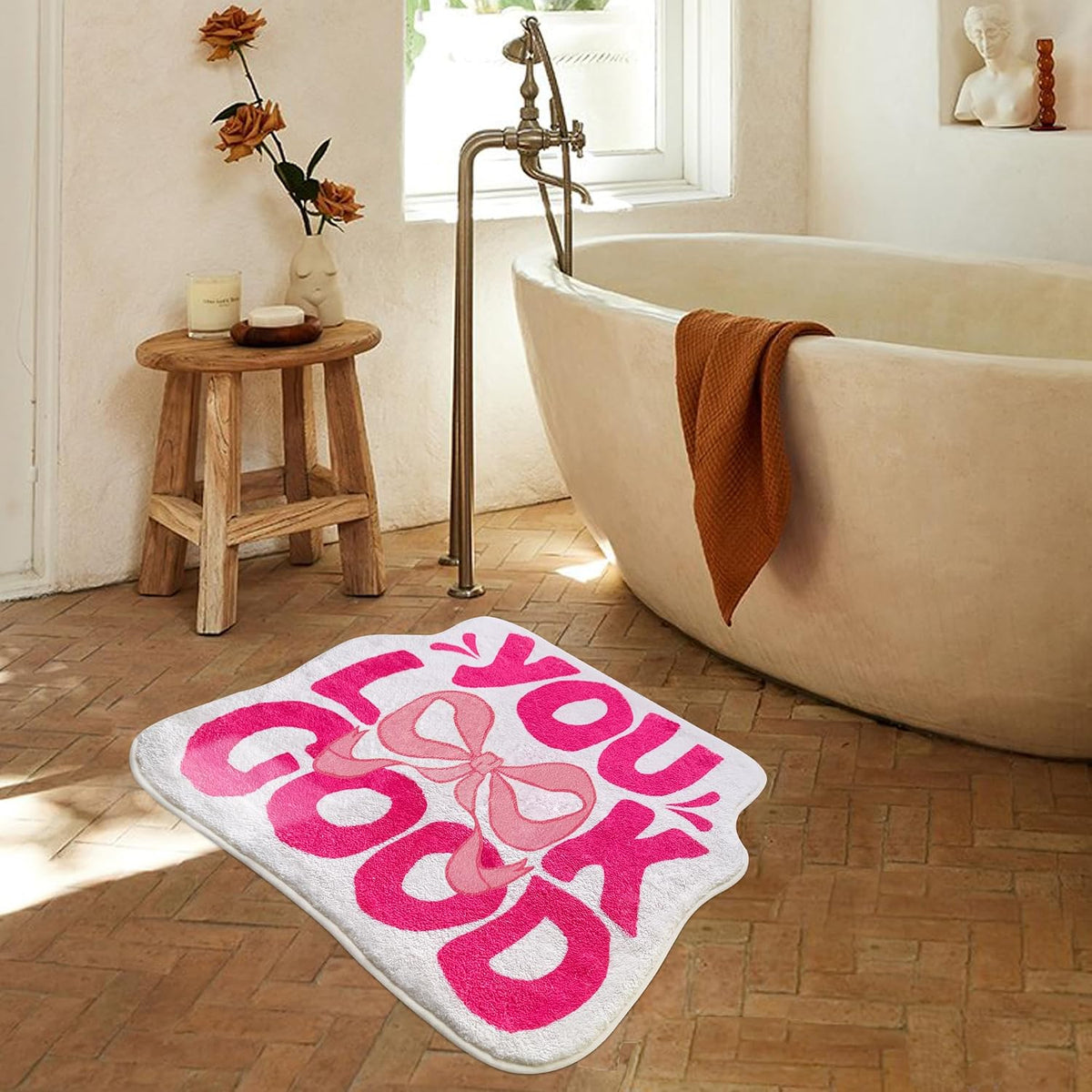 SHIYUE You Look Good Bath Mat Cute Bow Funny Bathroom Rug, Soft Absorbent Water Non Slip, Superior Washable Microfiber Cool Shower Preppy Decor Rug (21"x25"Pink)