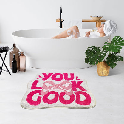 SHIYUE You Look Good Bath Mat Cute Bow Funny Bathroom Rug, Soft Absorbent Water Non Slip, Superior Washable Microfiber Cool Shower Preppy Decor Rug (21"x25"Pink)