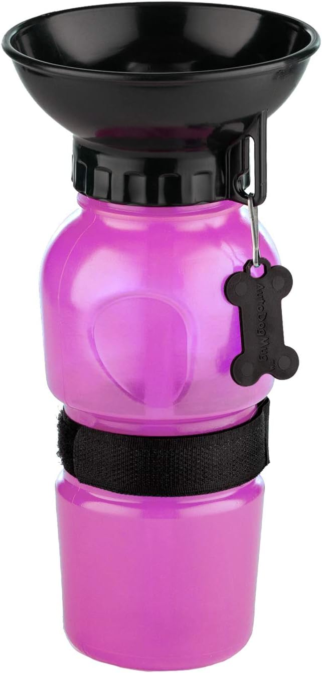 AutoDogMug Dog Water Bottle with Built-in Bowl, 20 oz, Pink