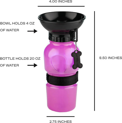 AutoDogMug Dog Water Bottle with Built-in Bowl, 20 oz, Pink