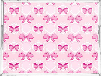 Light Pink Bows Serving Tray Acrylic Decorative Trays 16" x 12" Serving Platter with Handles for Coffee Table, Dessert Party, Bathroom Vanity Countertop