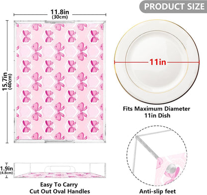 Light Pink Bows Serving Tray Acrylic Decorative Trays 16" x 12" Serving Platter with Handles for Coffee Table, Dessert Party, Bathroom Vanity Countertop