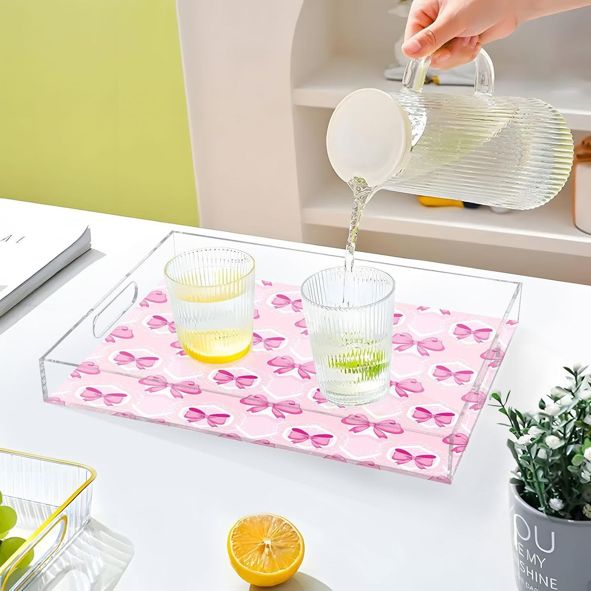 Light Pink Bows Serving Tray Acrylic Decorative Trays 16" x 12" Serving Platter with Handles for Coffee Table, Dessert Party, Bathroom Vanity Countertop