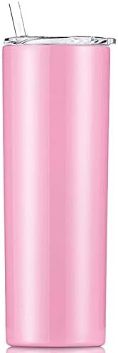 Double Wall 18/8 Stainless Steel Vacuum slim skinny tumbler with straw and lid, insulated travel mug keeping beverage cold and warm (pink, 20oz)