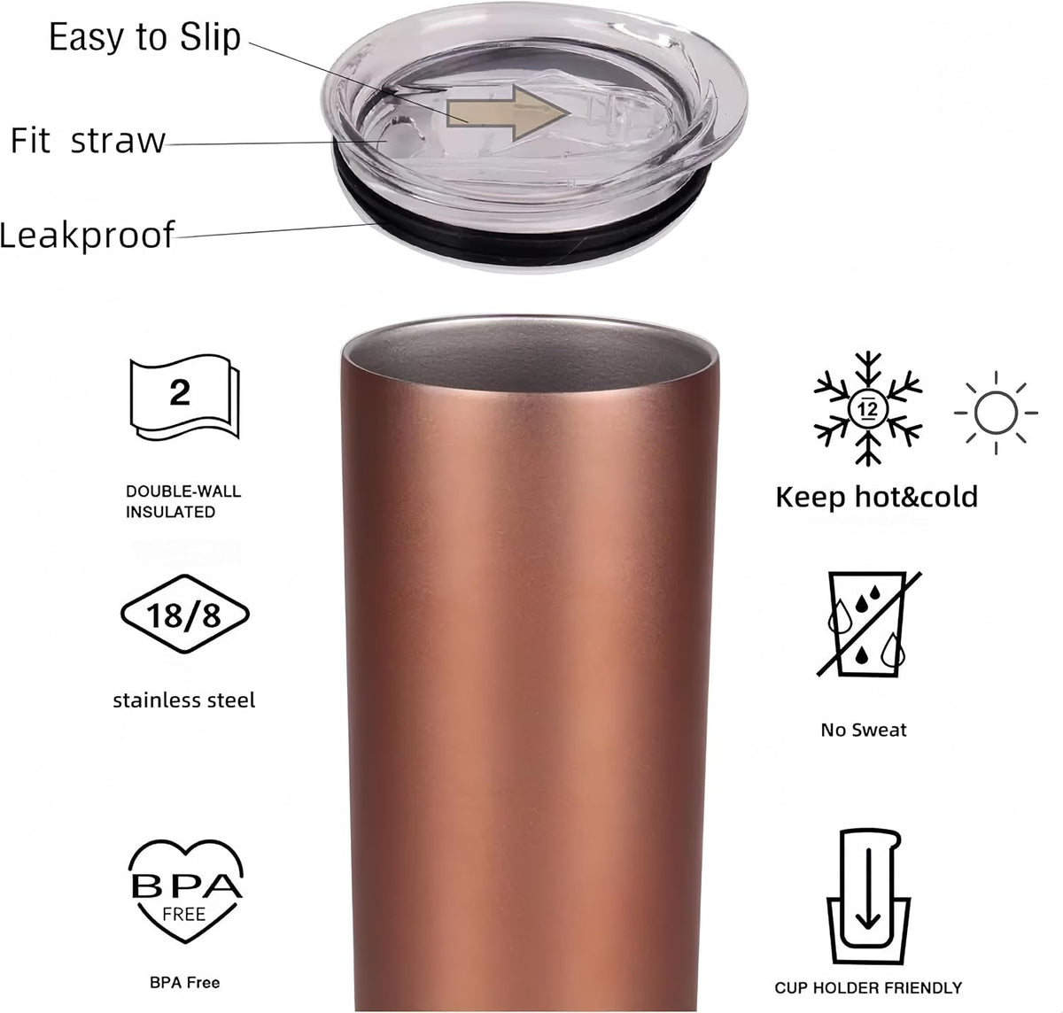 Double Wall 18/8 Stainless Steel Vacuum slim skinny tumbler with straw and lid, insulated travel mug keeping beverage cold and warm (pink, 20oz)