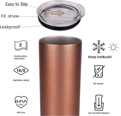 Double Wall 18/8 Stainless Steel Vacuum slim skinny tumbler with straw and lid, insulated travel mug keeping beverage cold and warm (pink, 20oz)
