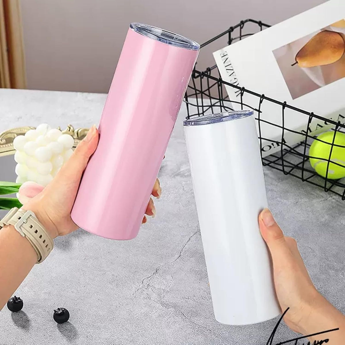 Double Wall 18/8 Stainless Steel Vacuum slim skinny tumbler with straw and lid, insulated travel mug keeping beverage cold and warm (pink, 20oz)
