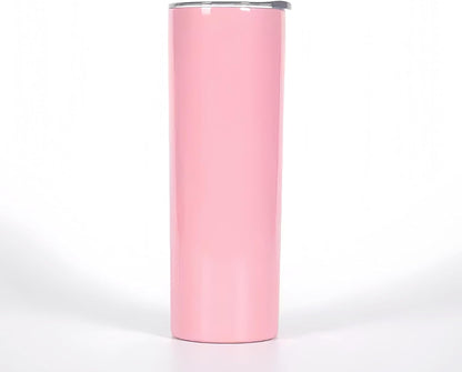 Double Wall 18/8 Stainless Steel Vacuum slim skinny tumbler with straw and lid, insulated travel mug keeping beverage cold and warm (pink, 20oz)