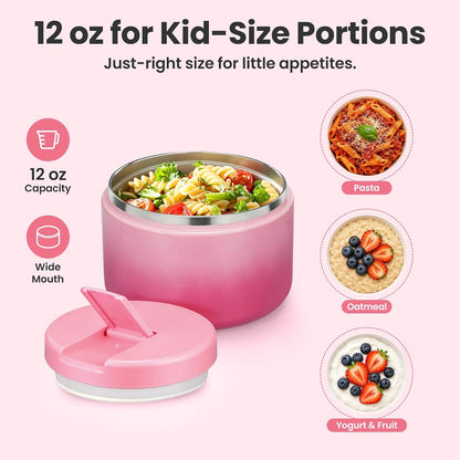 12oz Insulated Vacuum Food Jar with Buckle Lid Wide Mouth Soup Thermo for Hot Food Kids Leakproof Stainless Steel Lunch Container (Gradient Pink, 12OZ)