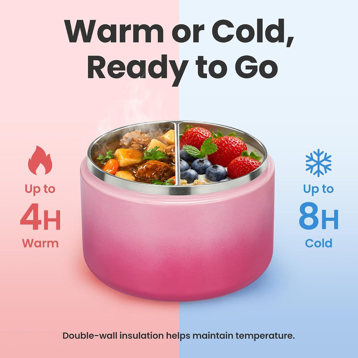 12oz Insulated Vacuum Food Jar with Buckle Lid Wide Mouth Soup Thermo for Hot Food Kids Leakproof Stainless Steel Lunch Container (Gradient Pink, 12OZ)