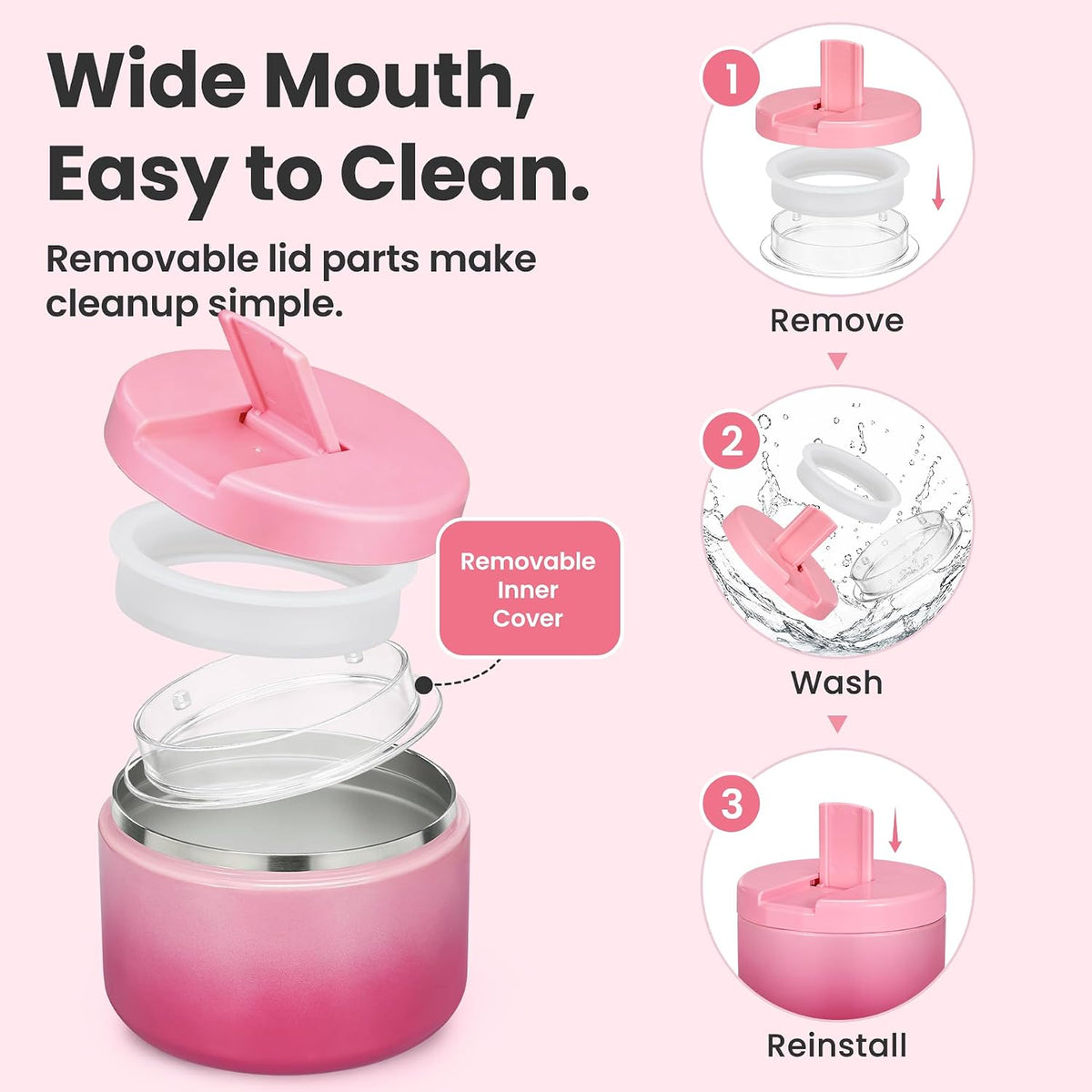 12oz Insulated Vacuum Food Jar with Buckle Lid Wide Mouth Soup Thermo for Hot Food Kids Leakproof Stainless Steel Lunch Container (Gradient Pink, 12OZ)