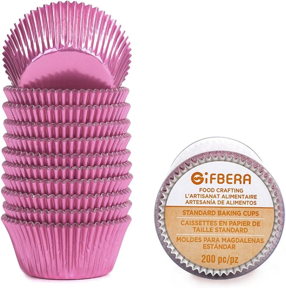 Standard Pink Foil Cupcake Liners for Baking 200 Count - Metallic Greaseproof Cupcake Wrappers Muffin Cups, Heavy Duty, Non-Stick, Easy to Peel