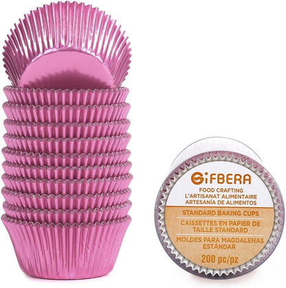 Standard Pink Foil Cupcake Liners for Baking 200 Count - Metallic Greaseproof Cupcake Wrappers Muffin Cups, Heavy Duty, Non-Stick, Easy to Peel