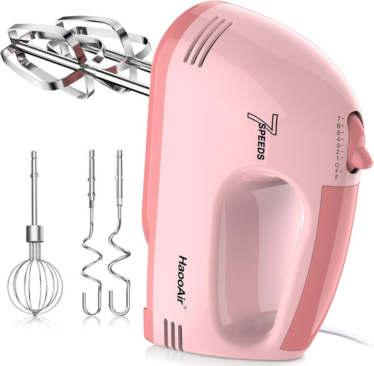 Electric Kitchen Mixer, Small 7-Speed Mixer, Dishwasher-Safe 304 Accessories (1 Whisk, 2 Dough Hooks, 2 Beaters), Mixes Various Ingredients, for Both Beginners and Bakers, Pink