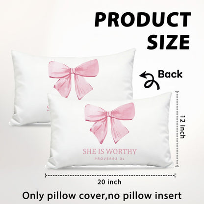 Pink Bow Christian Pillow Covers 12x20, Coquette Room Decor, Proverbs 31 Bible Verse Decorative Throw Pillow Covers Pillowcases for Girls Dorm Apartment Church