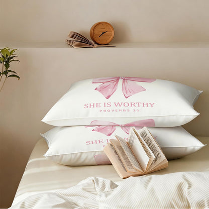 Pink Bow Christian Pillow Covers 12x20, Coquette Room Decor, Proverbs 31 Bible Verse Decorative Throw Pillow Covers Pillowcases for Girls Dorm Apartment Church