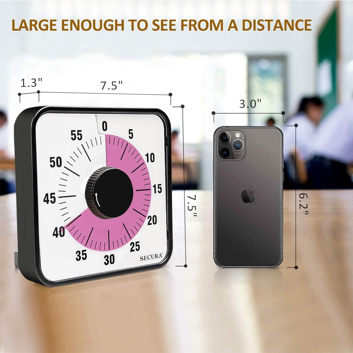 60-Minute Visual Countdown Timer, 7.5-Inch Oversize Classroom Visual Timer for Kids and Adults, Durable Mechanical Kitchen Timer Clock with Magnetic Backing (Peony Color)
