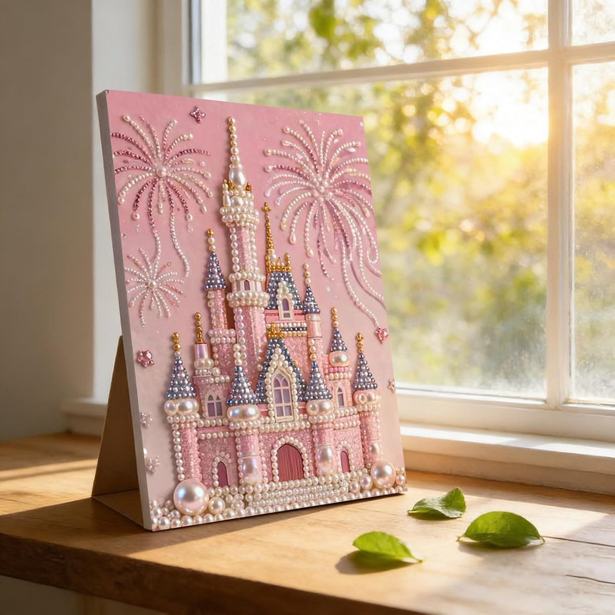 DIY 3D Pearl Painting Kit for Beginners Adults, Plastic Bead Art Kits with Gemstone Beads, Ocean & Castle Design Canvas for Wall Decor, Creative Stress Relief Gift & Home Decoration (Pink Castle)