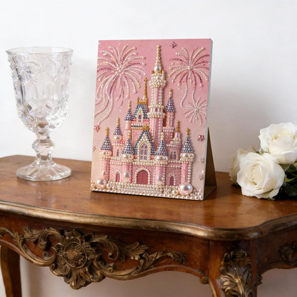 DIY 3D Pearl Painting Kit for Beginners Adults, Plastic Bead Art Kits with Gemstone Beads, Ocean & Castle Design Canvas for Wall Decor, Creative Stress Relief Gift & Home Decoration (Pink Castle)