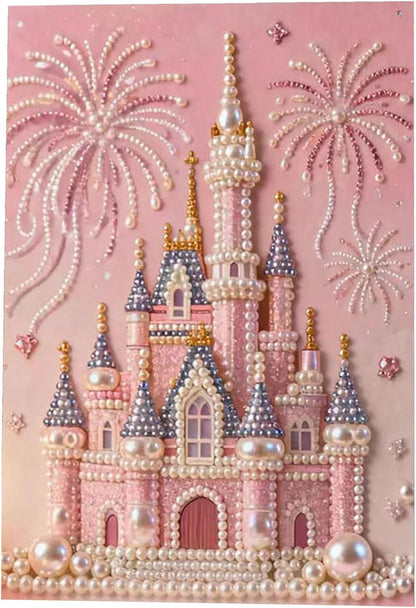 DIY 3D Pearl Painting Kit for Beginners Adults, Plastic Bead Art Kits with Gemstone Beads, Ocean & Castle Design Canvas for Wall Decor, Creative Stress Relief Gift & Home Decoration (Pink Castle)