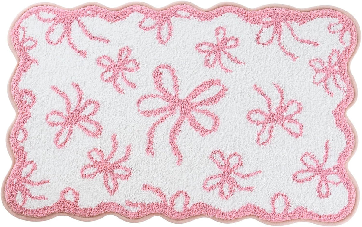 Pink Bow Bathroom Rug 20x32 Inch, Soft and Absorbent Tufted Coquette Scalloped Bath Mat Non Slip Washable, Cute Bow Decor for Bathroom Bedroom