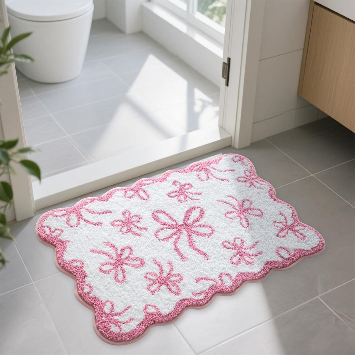 Pink Bow Bathroom Rug 20x32 Inch, Soft and Absorbent Tufted Coquette Scalloped Bath Mat Non Slip Washable, Cute Bow Decor for Bathroom Bedroom