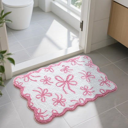 Pink Bow Bathroom Rug 20x32 Inch, Soft and Absorbent Tufted Coquette Scalloped Bath Mat Non Slip Washable, Cute Bow Decor for Bathroom Bedroom
