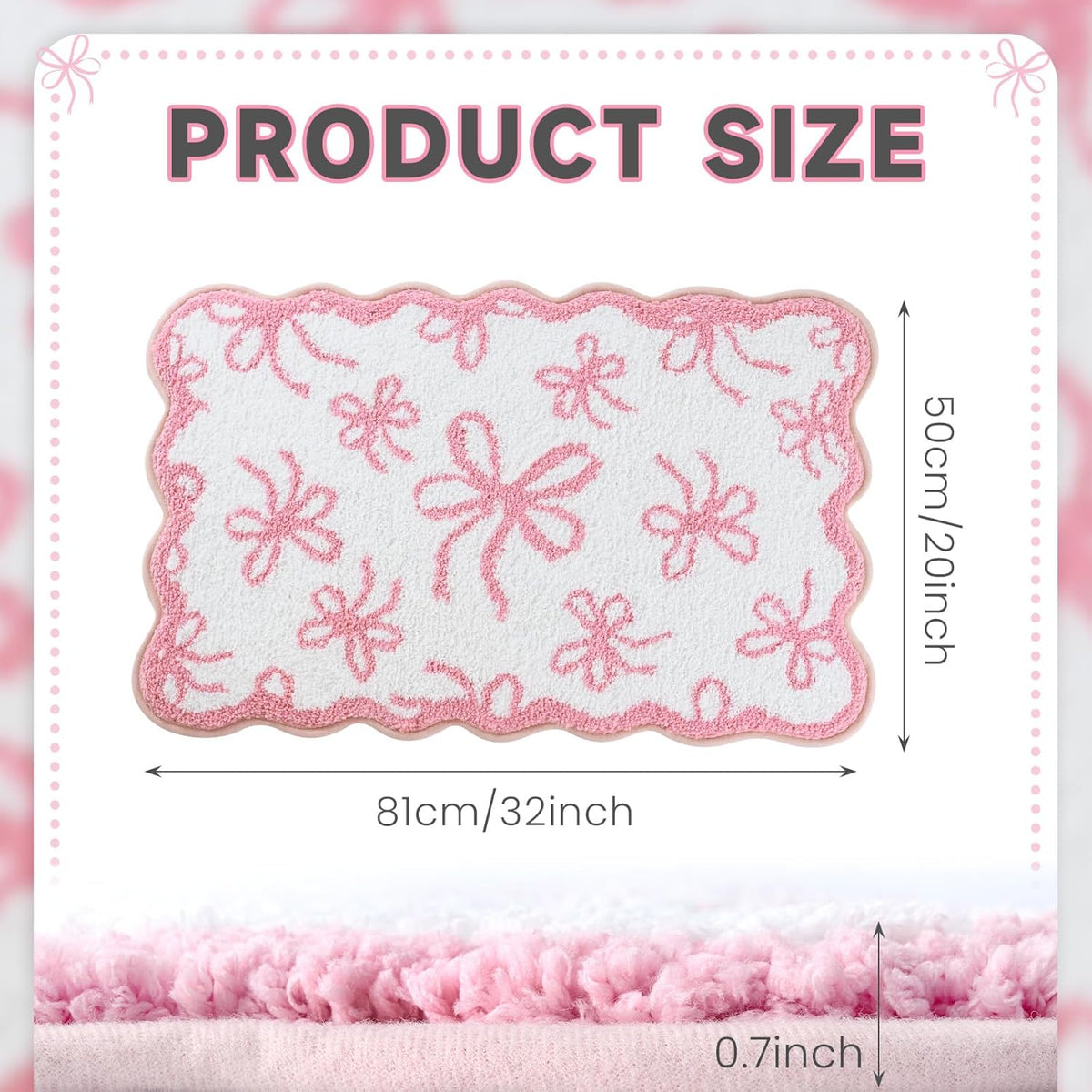 Pink Bow Bathroom Rug 20x32 Inch, Soft and Absorbent Tufted Coquette Scalloped Bath Mat Non Slip Washable, Cute Bow Decor for Bathroom Bedroom